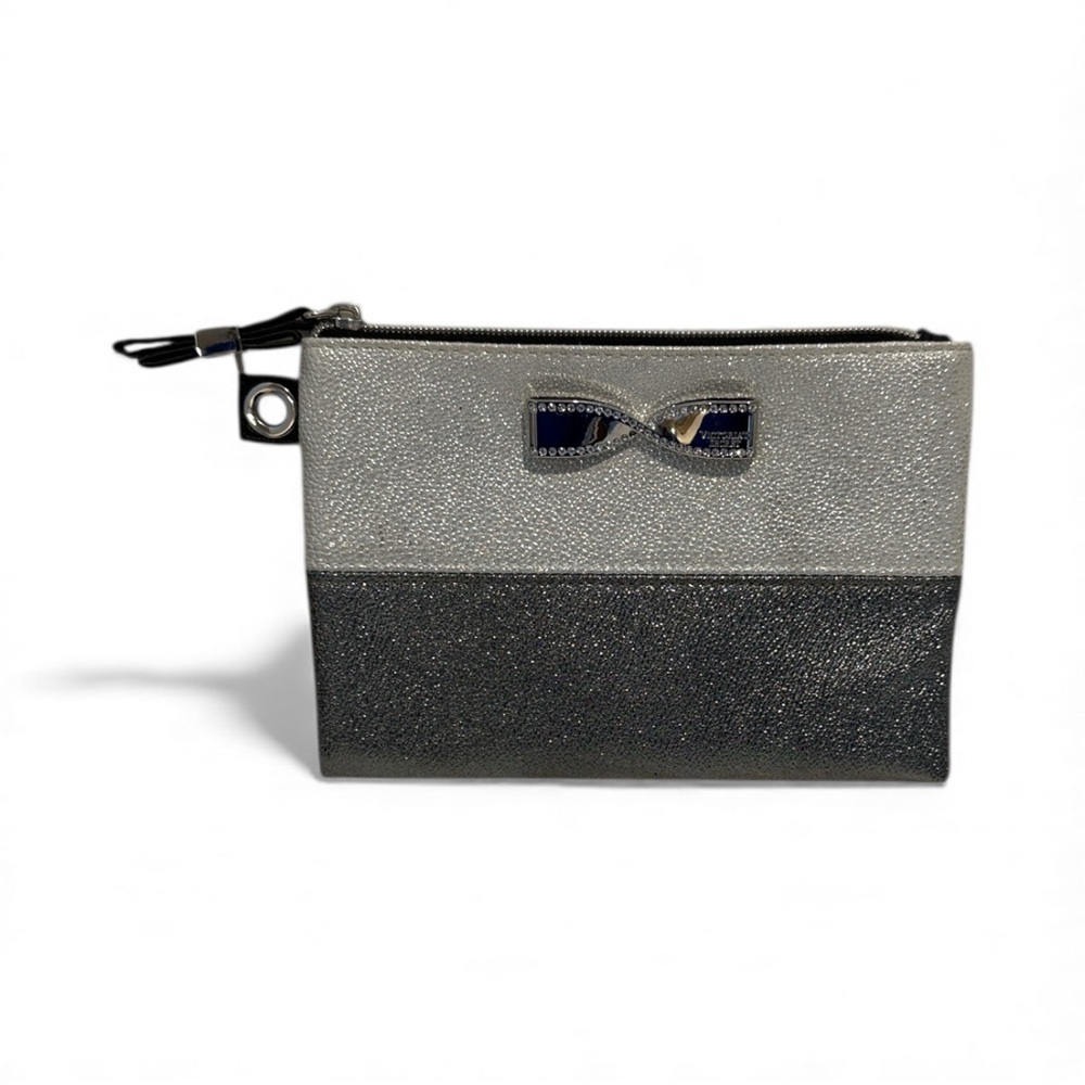 Victoria’s Secret silver metallic cosmetic bag with bow accent New